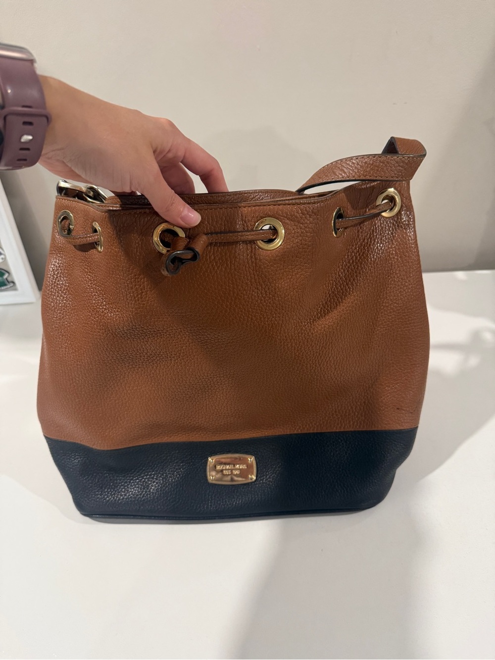 Michael Kors Brown & Black Pebbled Leather Drawstring Bucket Crossbody Bag
